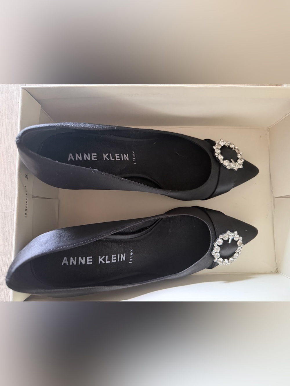 Anne Klein Black Satin Pointed-Toe Flats with Crystal Buckle